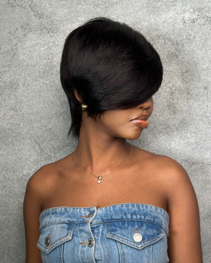 Long Layered Side Bangs Pixie Cut Human Hair Wig