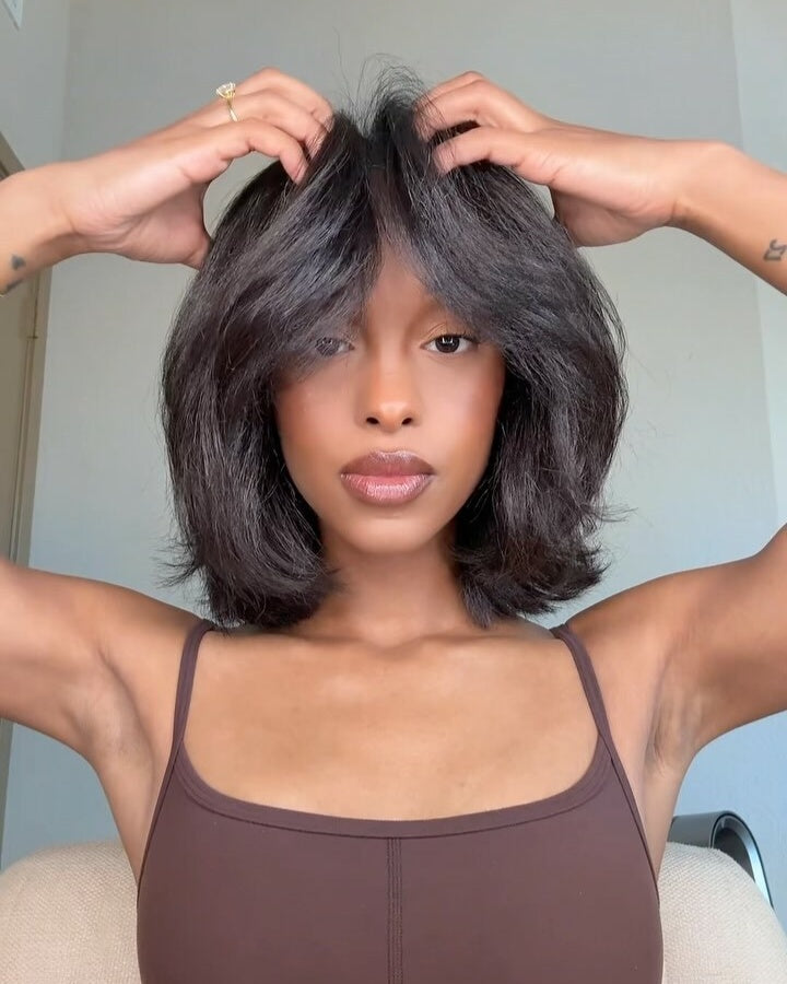 Natural Kinky Straight Layered Blowout Bob 5x5 Lace Closure Wig
