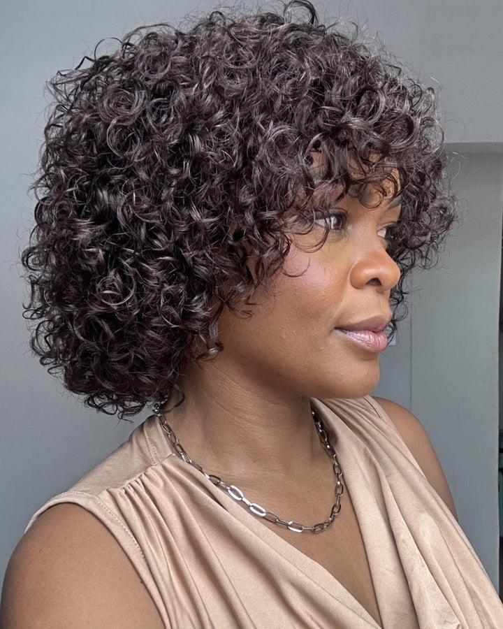 Put on & Go Brown Pixie Cut Curly Bob Wig 100% Human Hair
