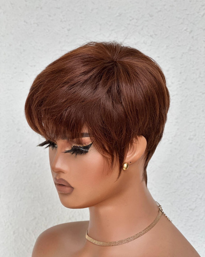 Put On & Go Brown Layered Pixie Cut Human Hair Wig With Bangs