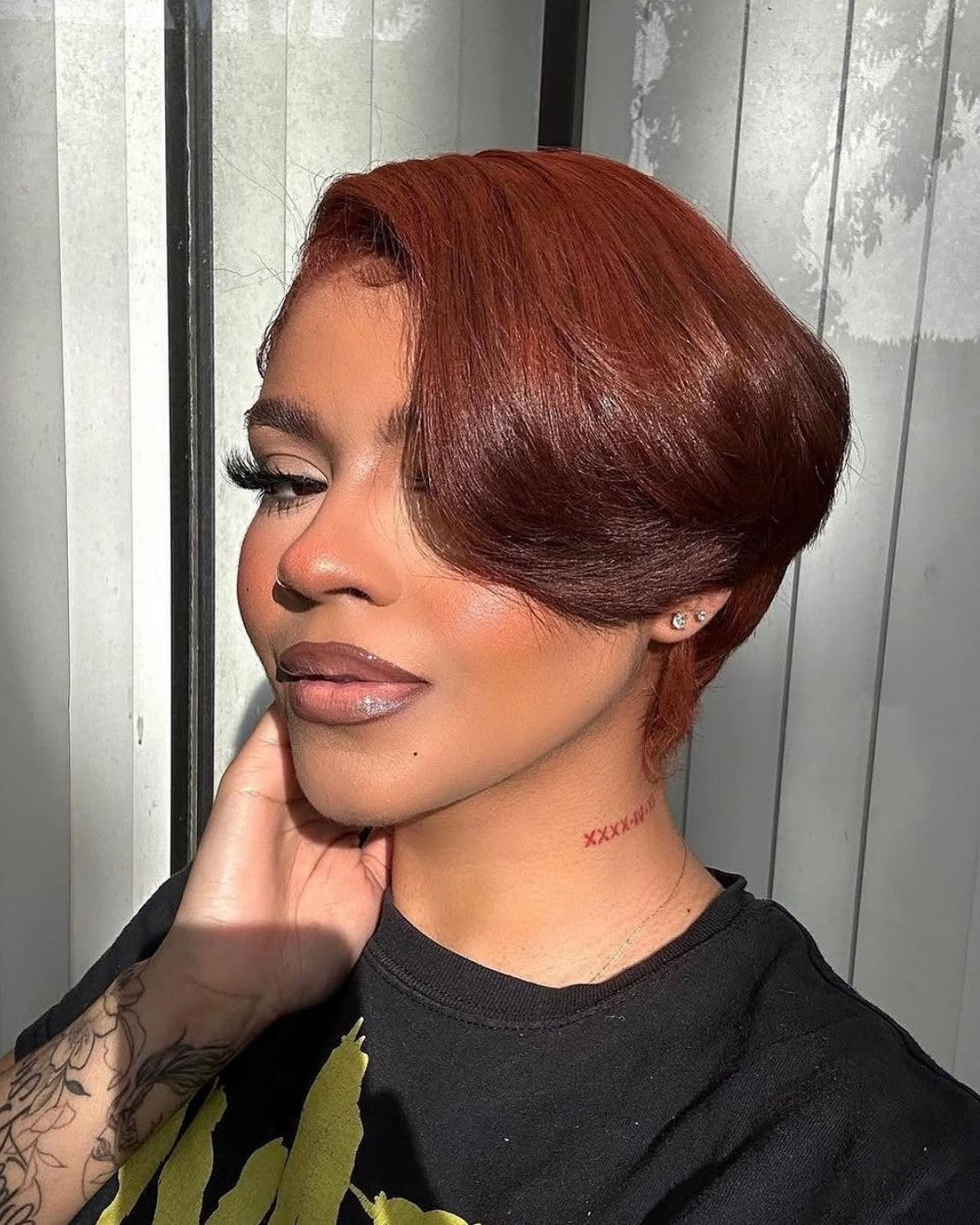 Copper Color Pixie Cut Side Long Bangs Lace Front Wig