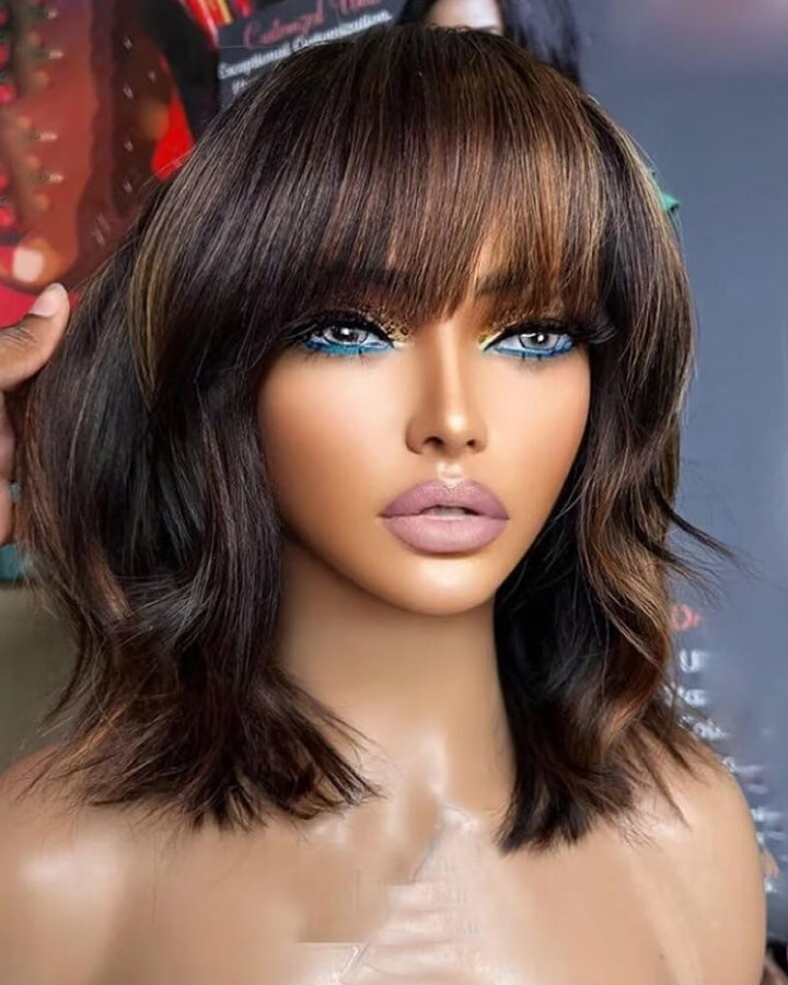 Straight Highlight Brown Bob Wig With Bangs