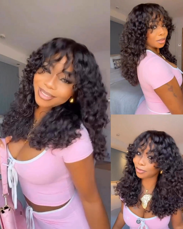 Natural Black Curly Bangs Wig Glueless Human Hair Wigs