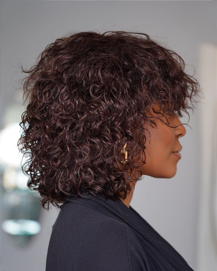 Glueless Brown Curly Bob Wig with Bangs Human Hair Wig 180% Density