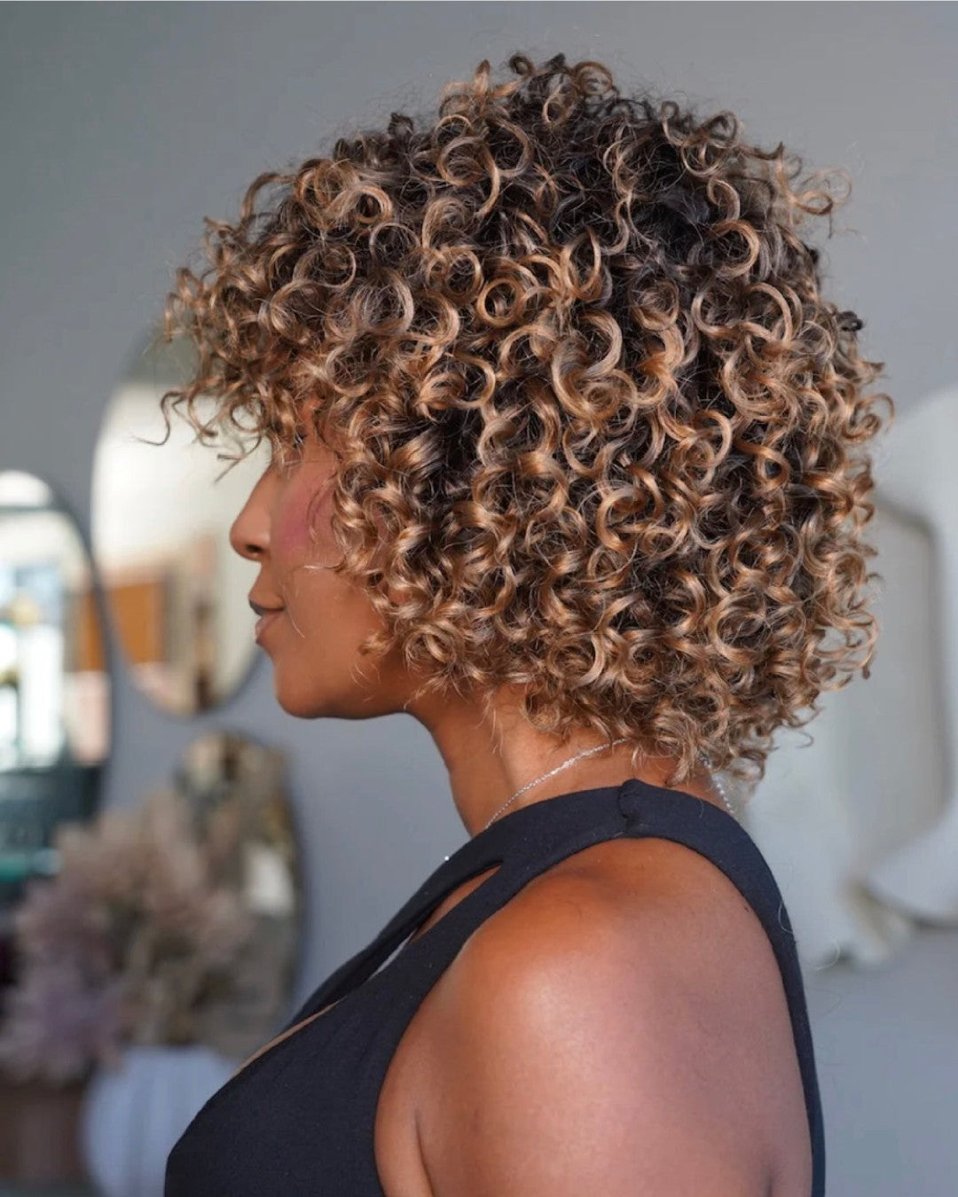 Glueless Brown Ombre Short Curly Wig with Bangs Human Hair Lace Front Wig 180% Density