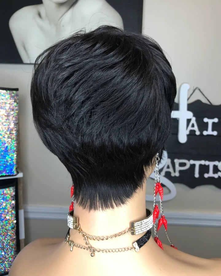 Long Layered Side Bangs Pixie Cut Human Hair Wig