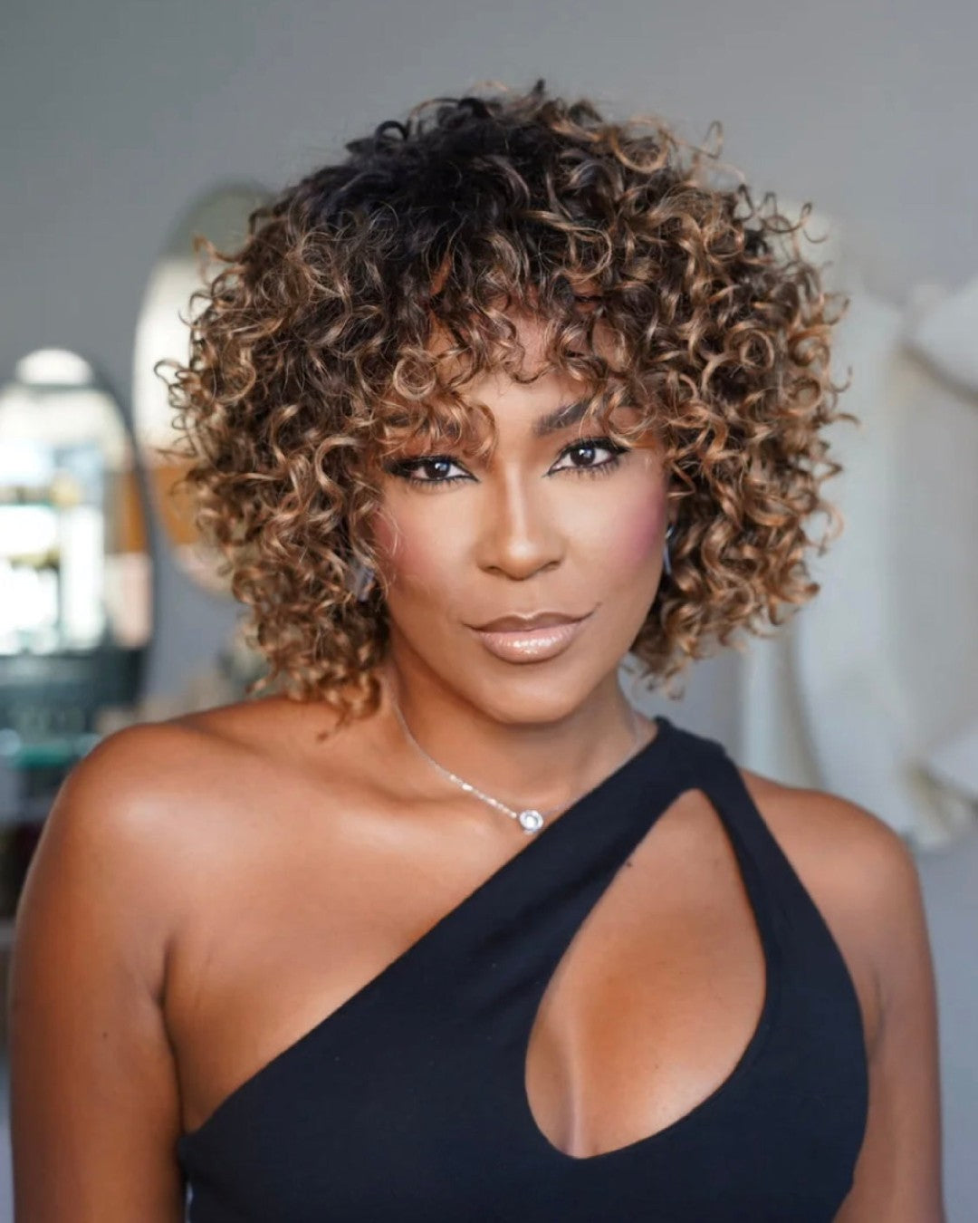 Glueless Brown Ombre Short Curly Wig with Bangs Human Hair Lace Front Wig 180% Density