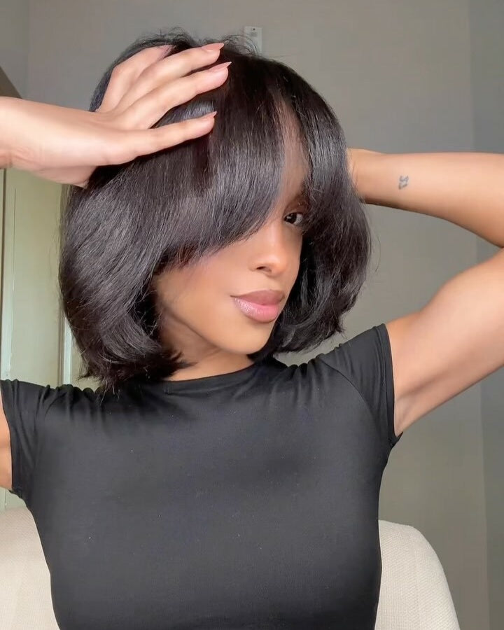 Natural Kinky Straight Layered Blowout Bob 5x5 Lace Closure Wig