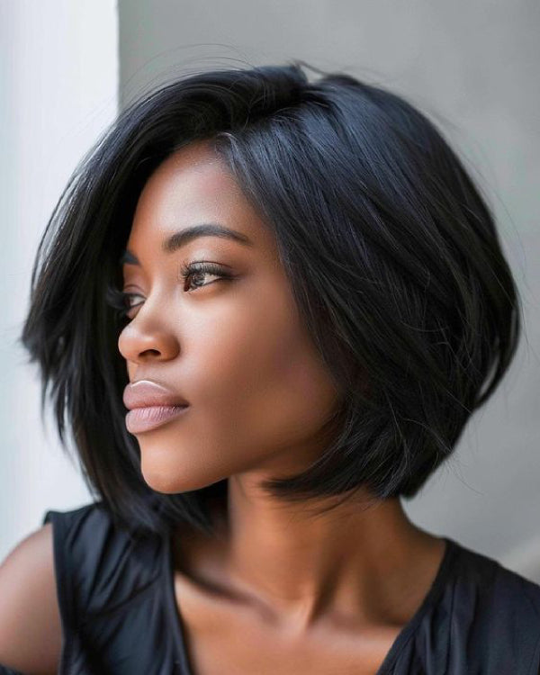 Chic Natural Black Layered Cut Bob Lace Closure Wig