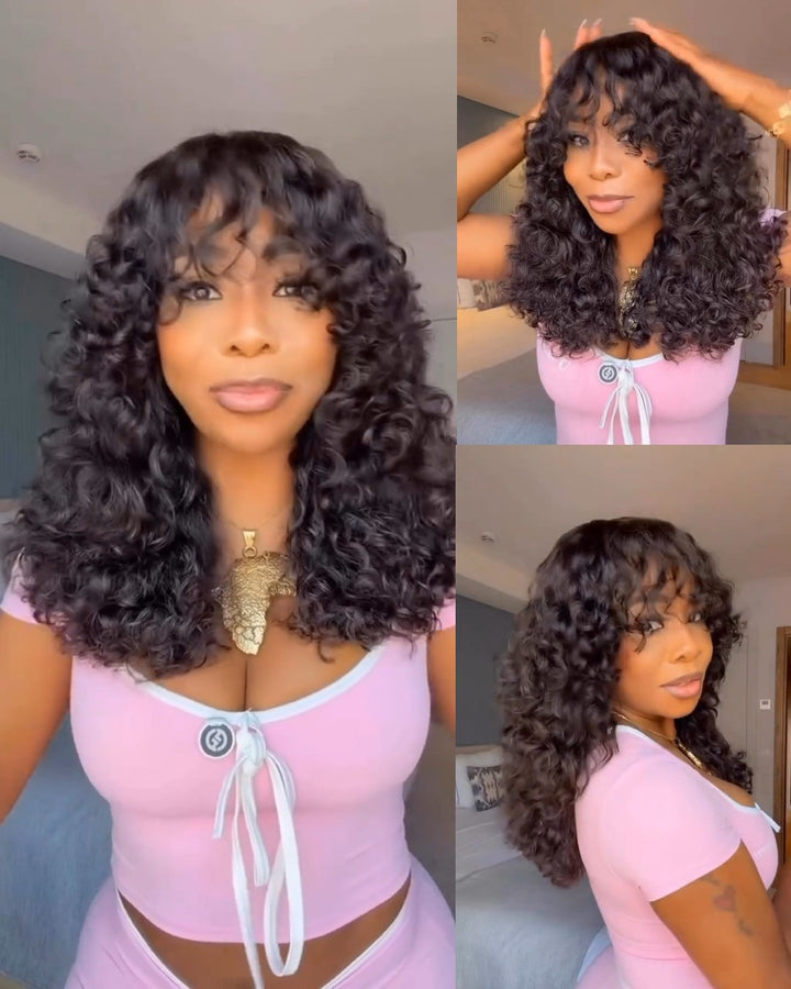 Natural Black Curly Bangs Wig Glueless Human Hair Wigs