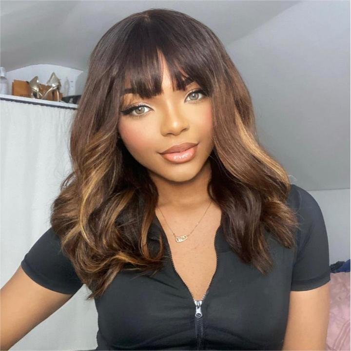 Ombre Chestnut Brown Layered Curtain Bangs 5x5 Lace Closure Body Wave Wig