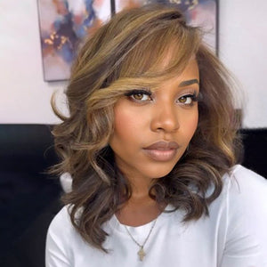Golden Blonde Highlight Side Part Bangs 13x4 Lace Frontal Wig