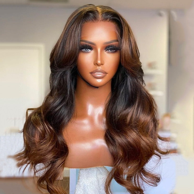 Layered Curtain Bangs With Rich Honey Brown Ombre Lace Frontal Wig