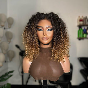 Middle Part Layered Curly Blonde Ombre Lace Front Wig