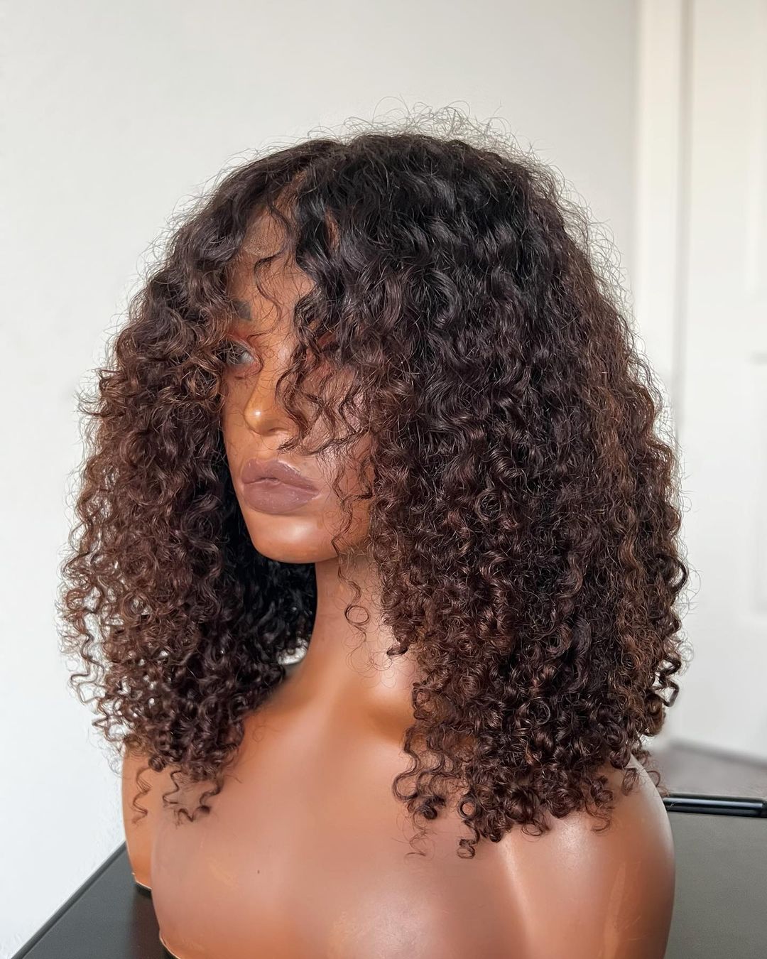 Coffee Brown Bangs Curly 5x5 Lace Closure Wig