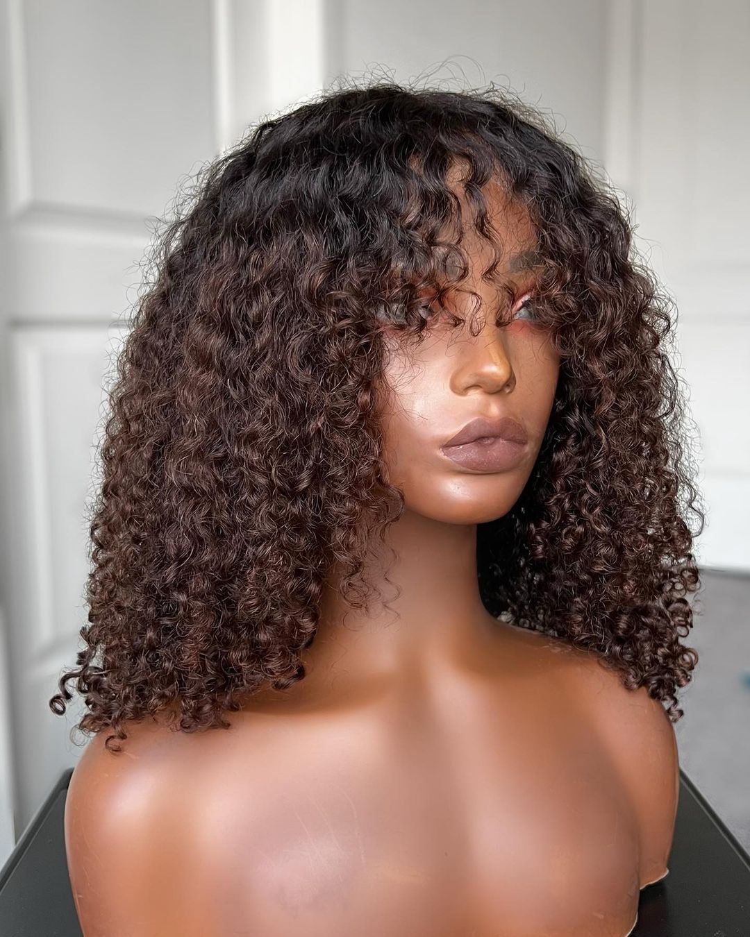 Coffee Brown Bangs Curly 5x5 Lace Closure Wig