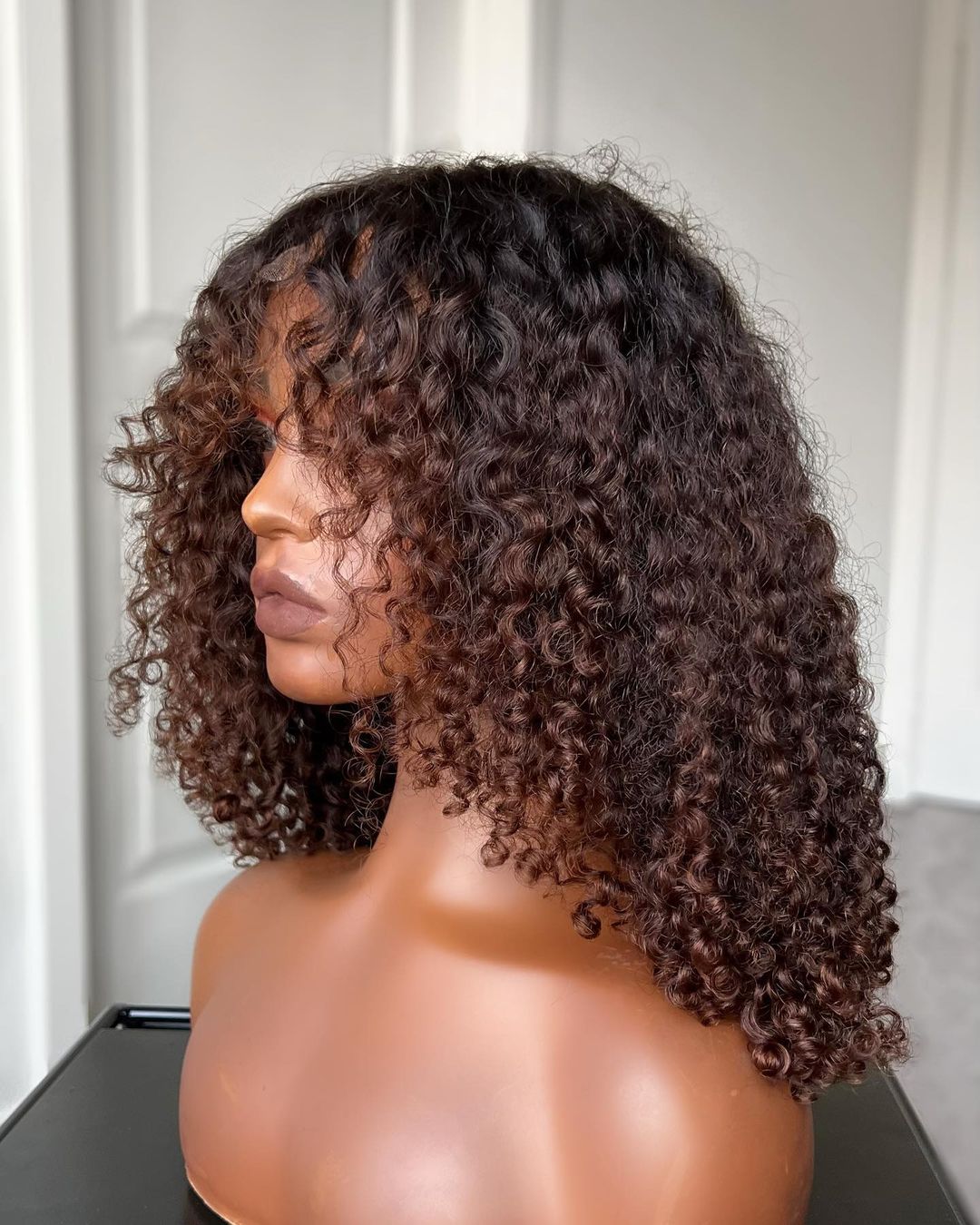 Coffee Brown Bangs Curly 5x5 Lace Closure Wig