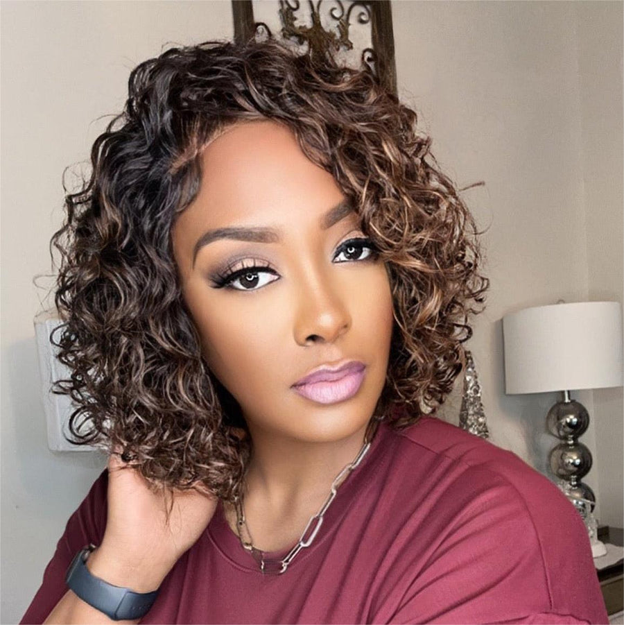 5x5 Lace Closure Brown Highlight Curly Wig