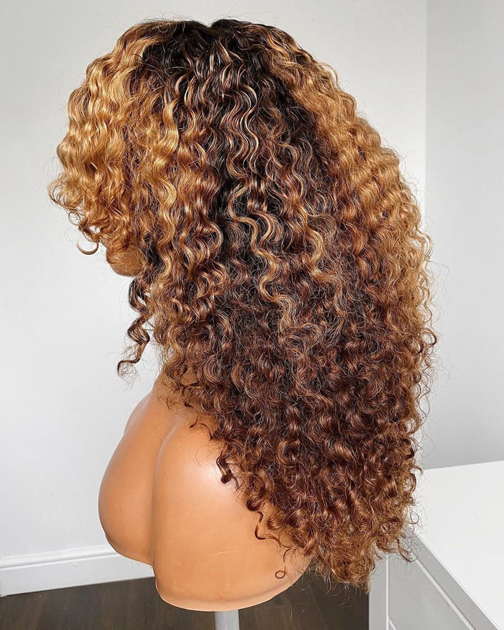 Glueless Brown With Blonde Highlight Curly Wig With Bang