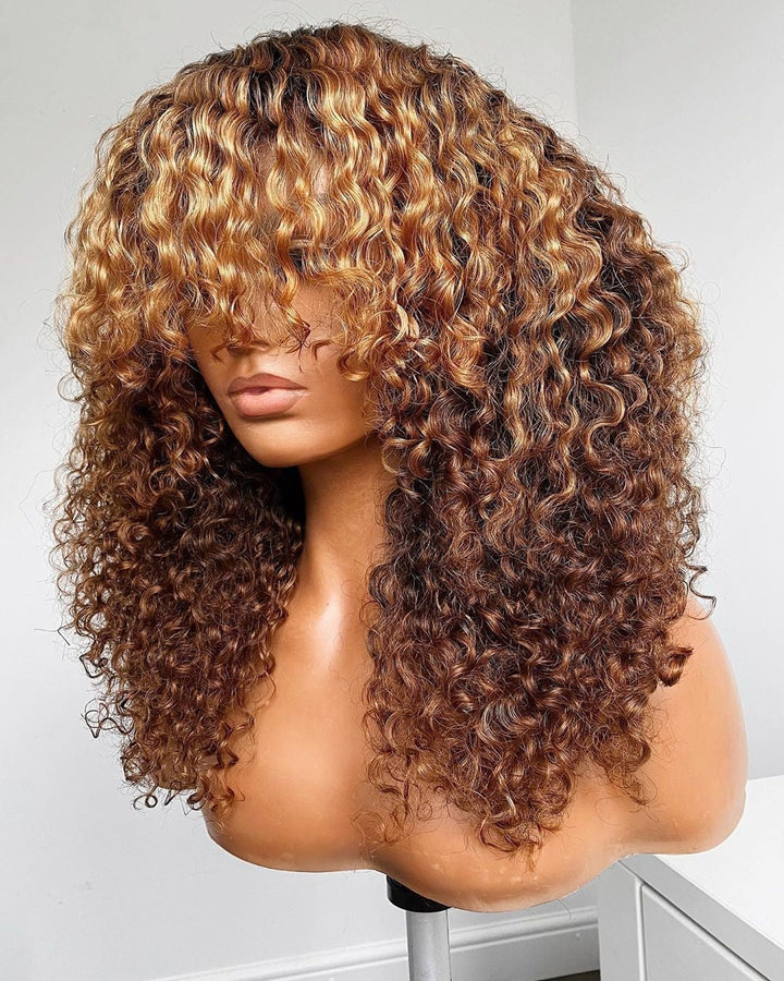 Glueless Brown With Blonde Highlight Curly Wig With Bang