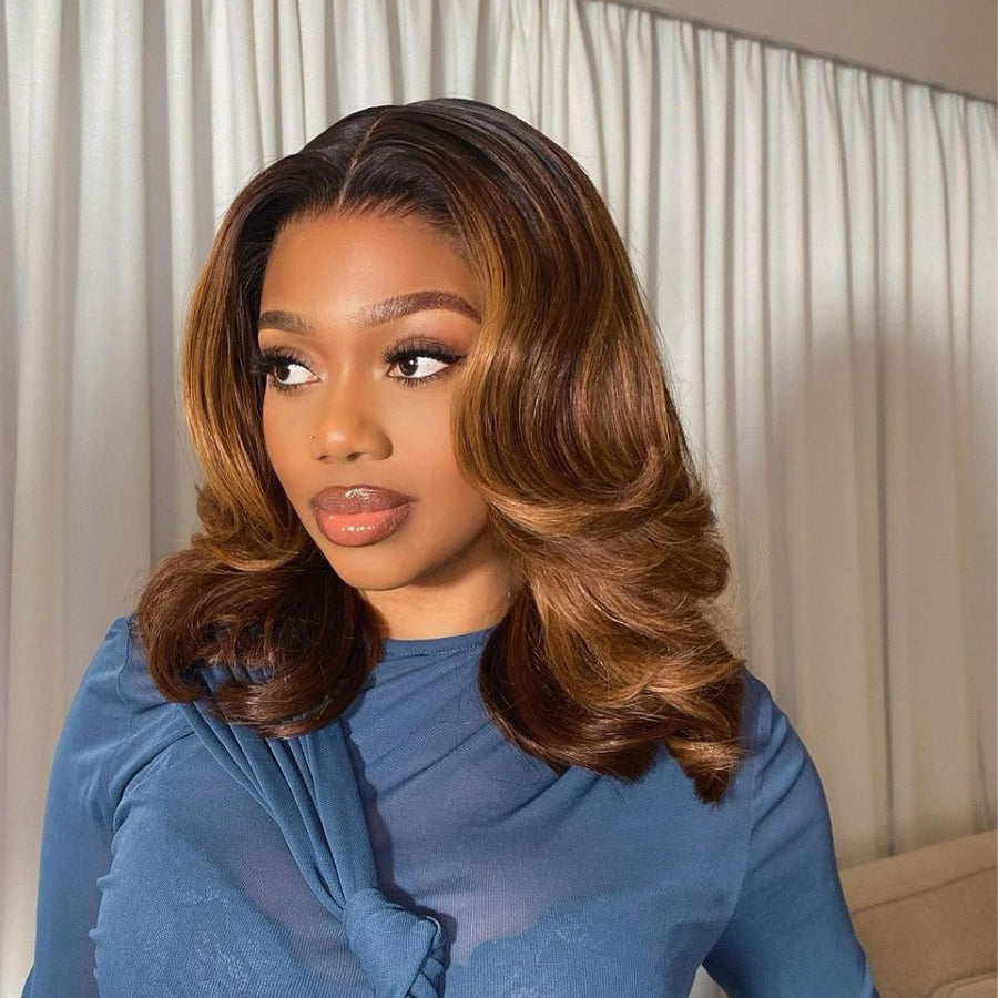 Ombre Light Brown Layered Cut Wavy 5x5 Lace Closure Wig