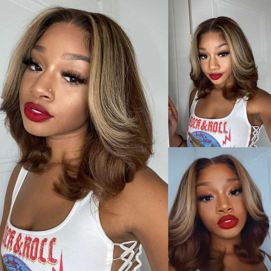Short Chocolate Brown Ombre With Blonde Highlights 13x4 Lace Front Wig