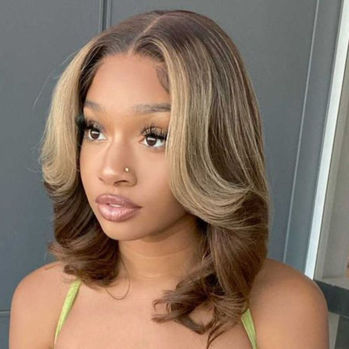 Short Chocolate Brown Ombre With Blonde Highlights 13x4 Lace Front Wig