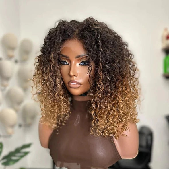 Middle Part Layered Ombre Brown Blonde With Kinky Curly Lace Front Wig