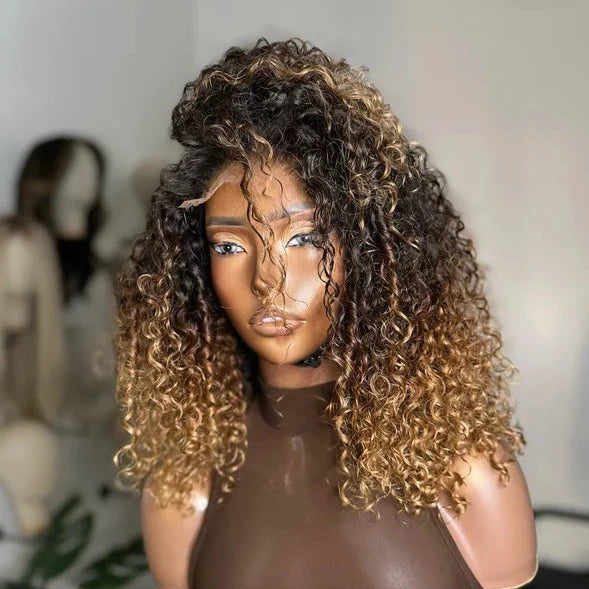 Middle Part Layered Ombre Brown Blonde With Kinky Curly Lace Front Wig