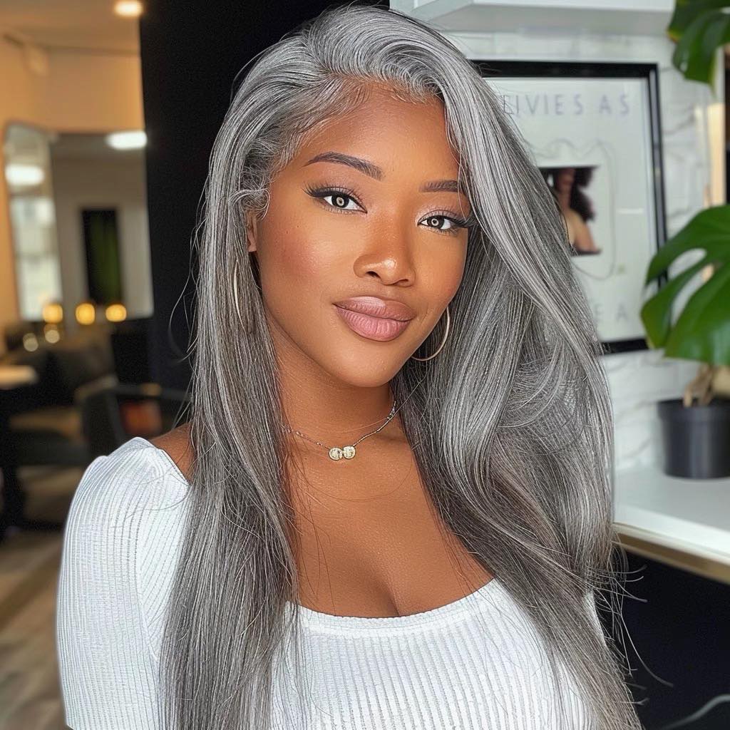 Salt & Pepper Gray Beginner Friendly Glueless Straight Wig 100% Human Hair