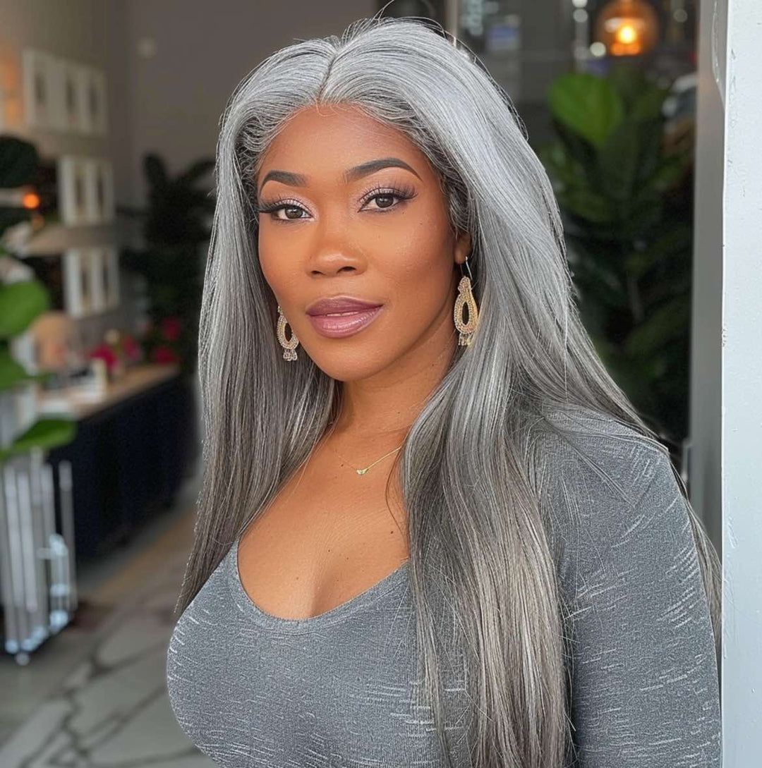 Salt & Pepper Gray Beginner Friendly Glueless Straight Wig 100% Human Hair