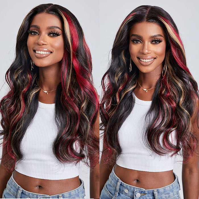 13x4 Lace Frontal Burgundy With Dark Golden Highlight Body Wavy Wig