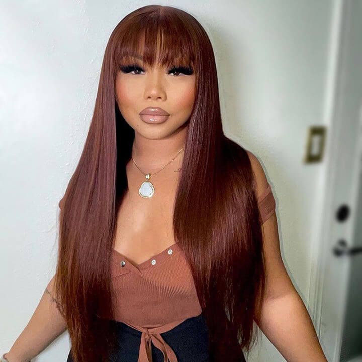 Reddish Brown Straight Layer Cut Wig With Bangs