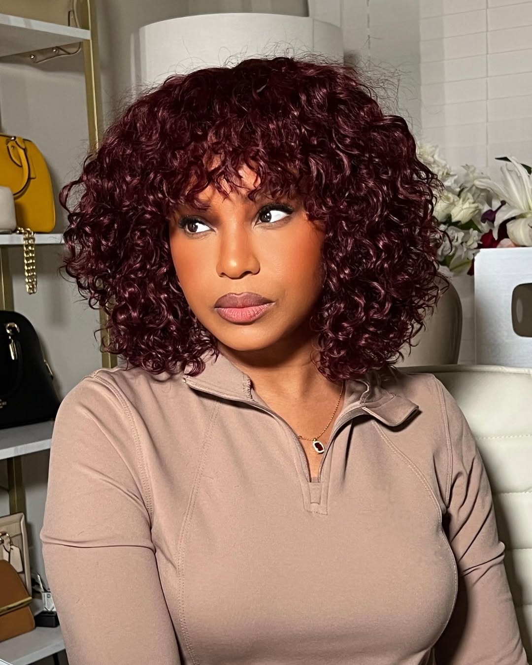 Beginner Friendly Glueless Burgundy Curly Bangs Wig