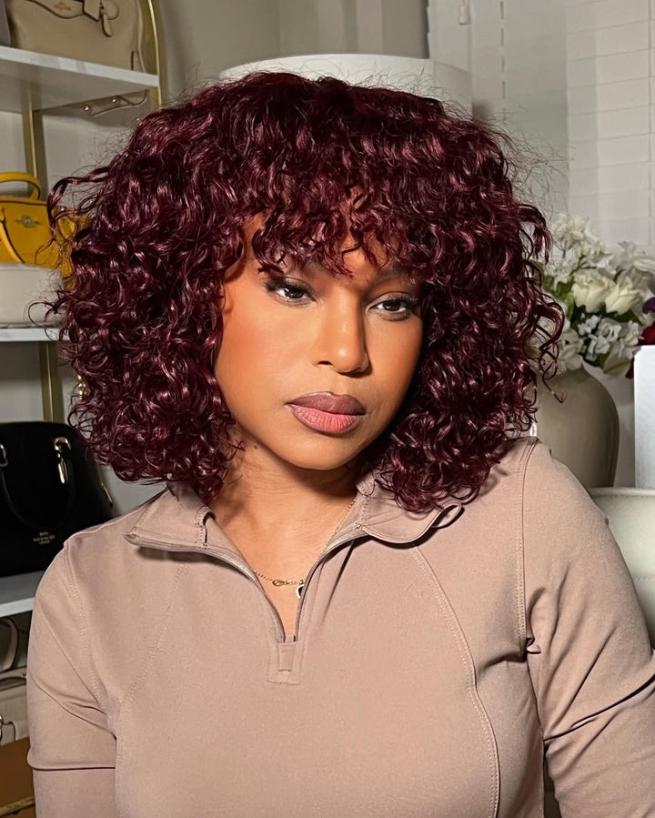 Beginner Friendly Glueless Burgundy Curly Bangs Wig