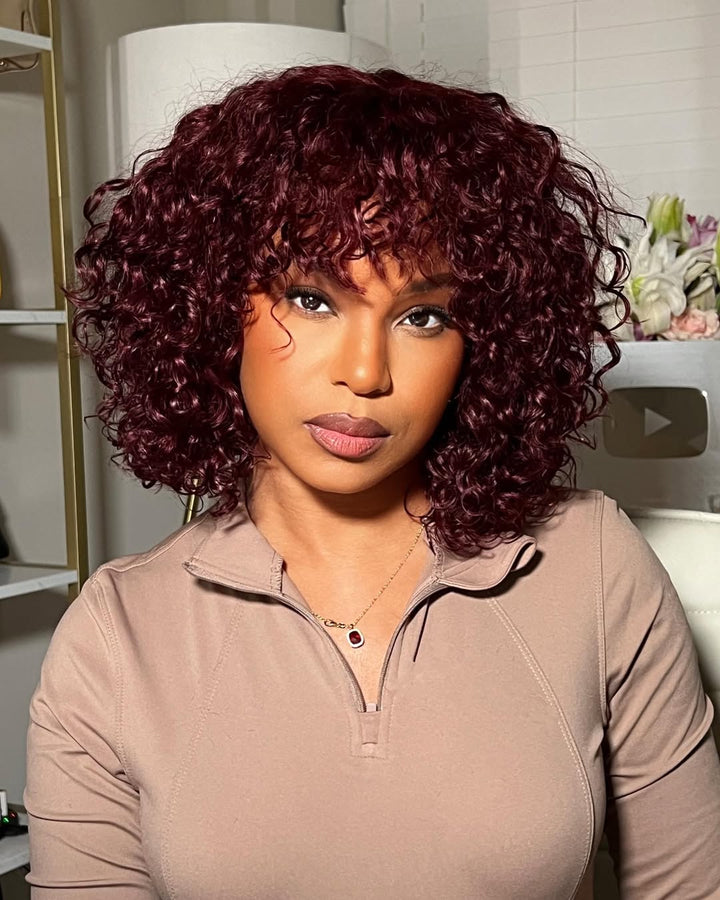 Beginner Friendly Glueless Burgundy Curly Bangs Wig