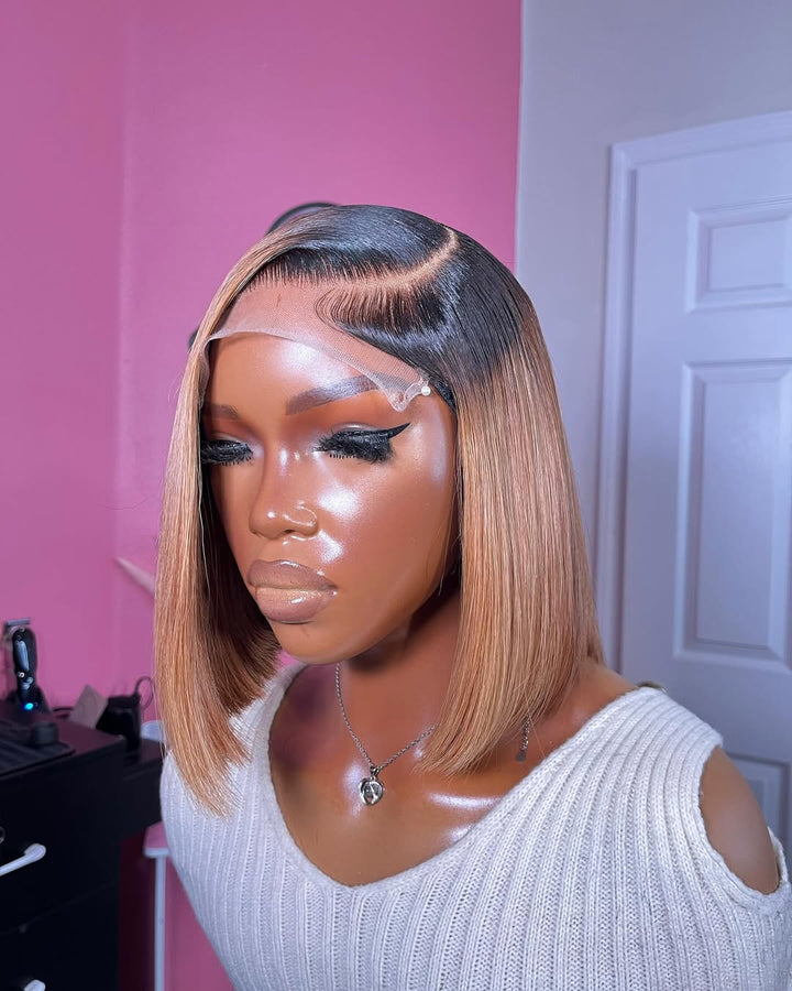Golden Blonde With Black Hair Roots 5x5 Lace Closure Wig