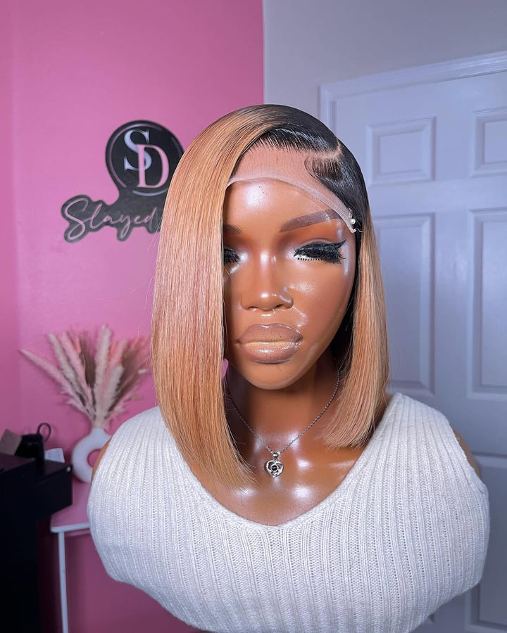Golden Blonde With Black Hair Roots 5x5 Lace Closure Wig