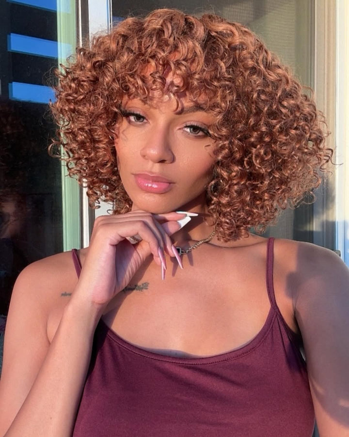 Golden Blonde Short Cut Water Wave Glueless Bangs Curly Wig