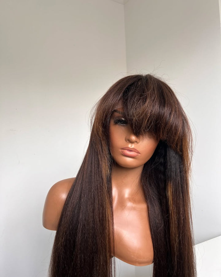 Ombre Brown Highlight Bangs Human Hair Wig