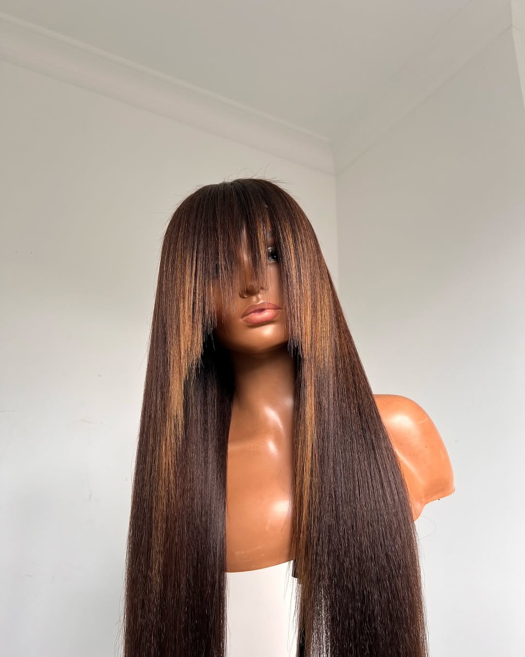 Ombre Brown Highlight Bangs Human Hair Wig