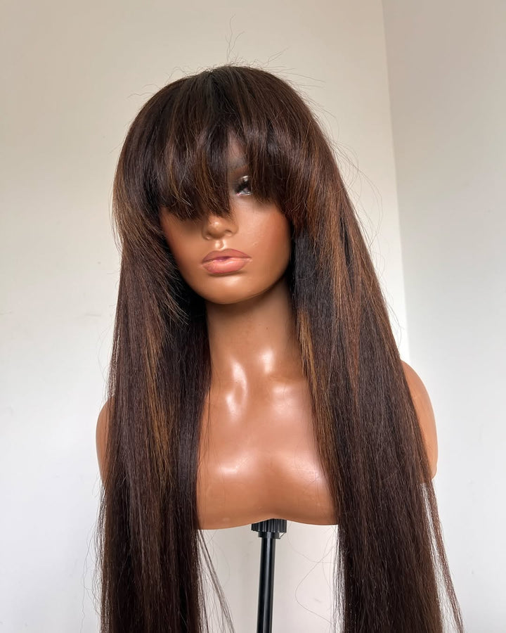 Ombre Brown Highlight Bangs Human Hair Wig