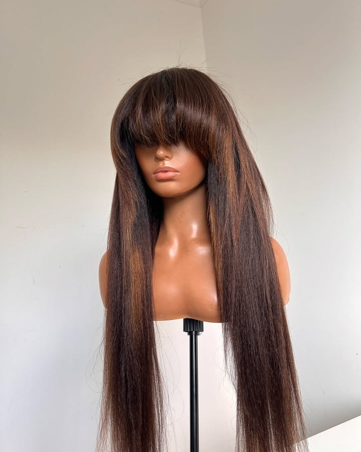 Ombre Brown Highlight Bangs Human Hair Wig