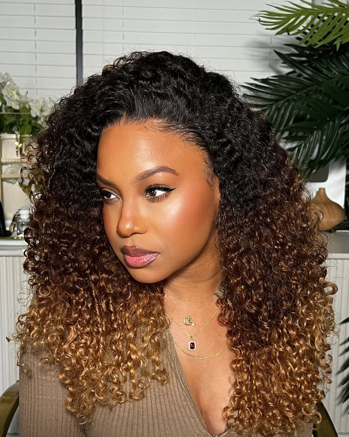 Middle Part Layered Ombre Brown Blonde With Kinky Curly Lace Front Wig