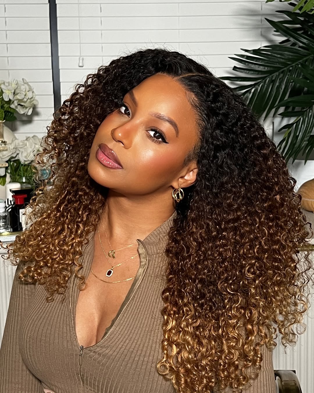 Middle Part Layered Ombre Brown Blonde With Kinky Curly Lace Front Wig