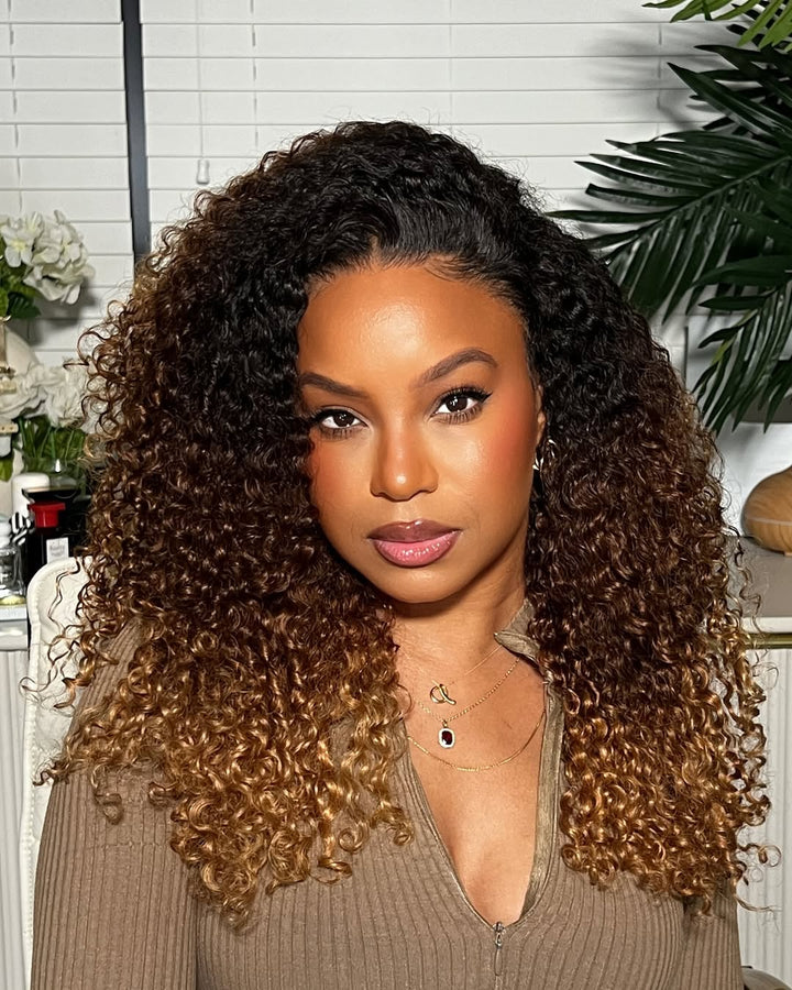 Middle Part Layered Ombre Brown Blonde With Kinky Curly Lace Front Wig