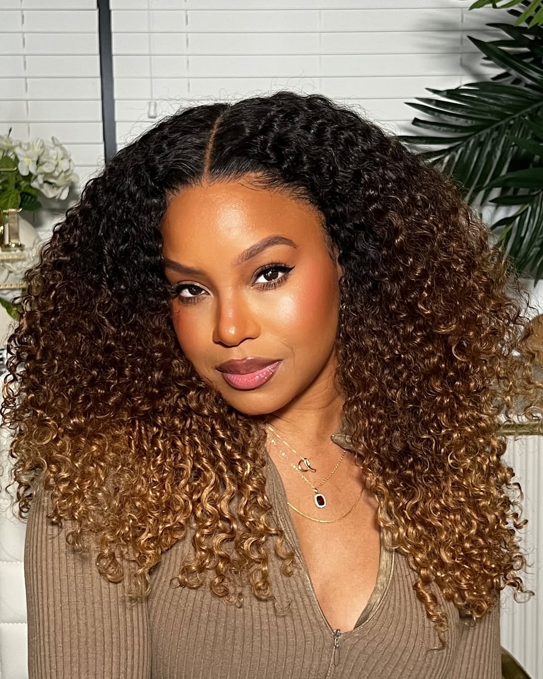 Middle Part Layered Ombre Brown Blonde With Kinky Curly Lace Front Wig