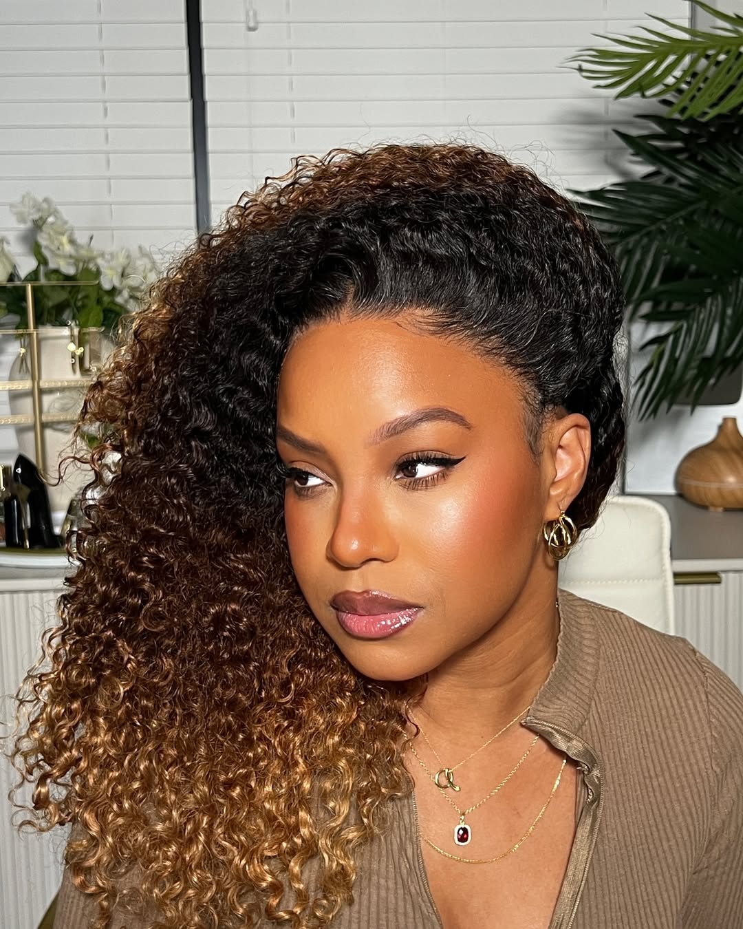 Middle Part Layered Ombre Brown Blonde With Kinky Curly Lace Front Wig