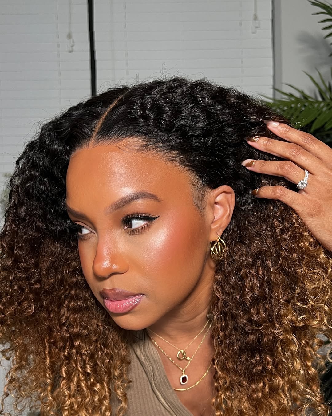 Middle Part Layered Ombre Brown Blonde With Kinky Curly Lace Front Wig