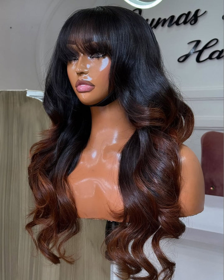 Copper Brown Wavy Bangs 5x5 Lace Closure Wig